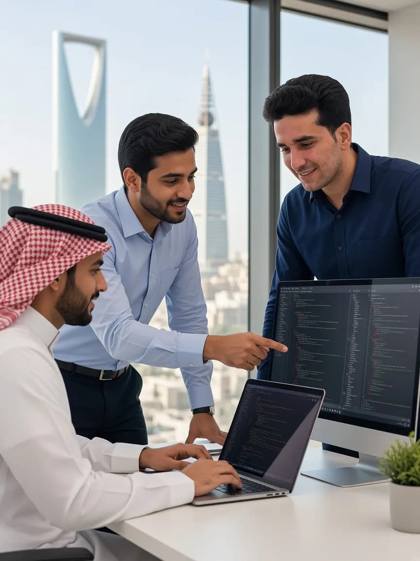 زملاء نخبة الحلول يتعاونون في مكتب الرياض
